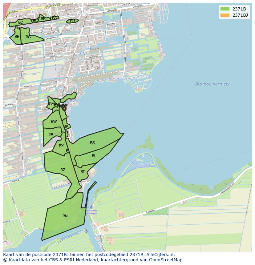 Afbeelding van het postcodegebied 2371 BJ op de kaart.