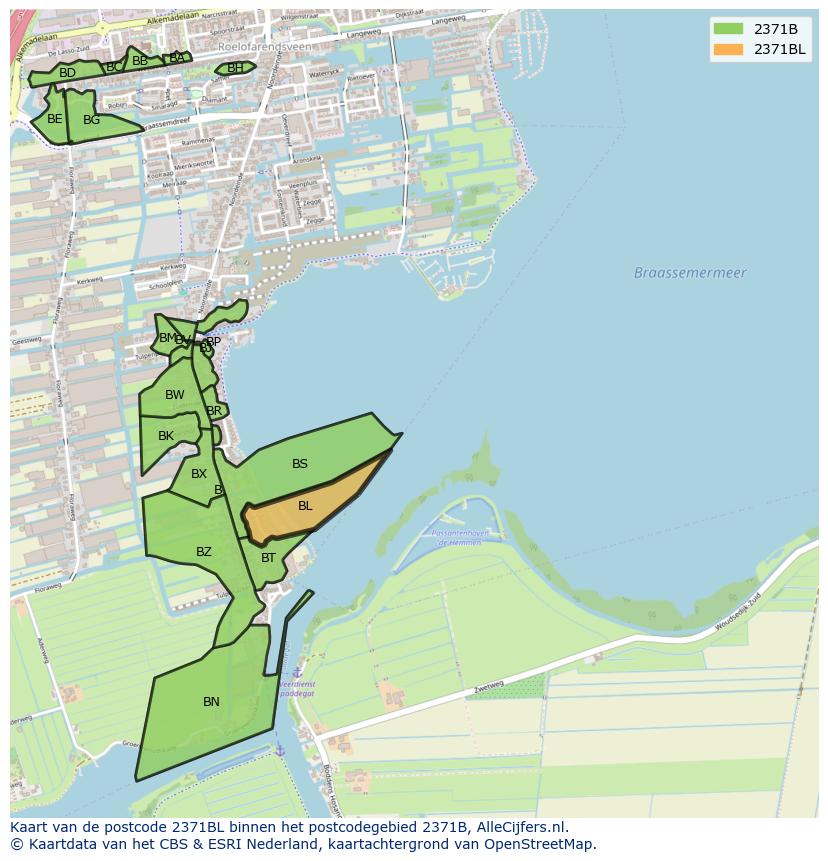 Afbeelding van het postcodegebied 2371 BL op de kaart.
