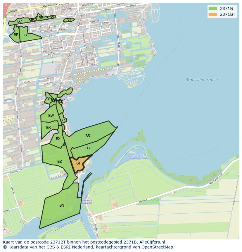 Afbeelding van het postcodegebied 2371 BT op de kaart.