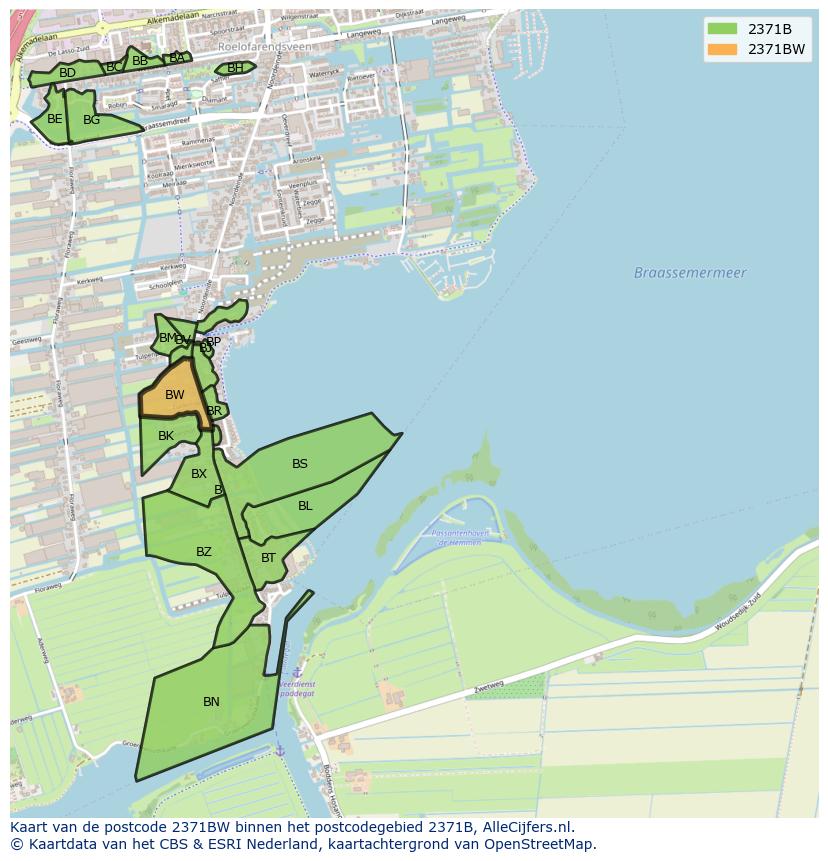 Afbeelding van het postcodegebied 2371 BW op de kaart.