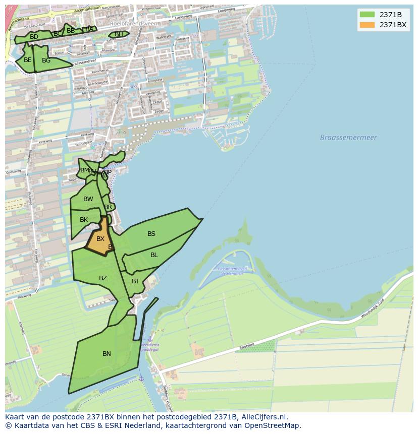 Afbeelding van het postcodegebied 2371 BX op de kaart.