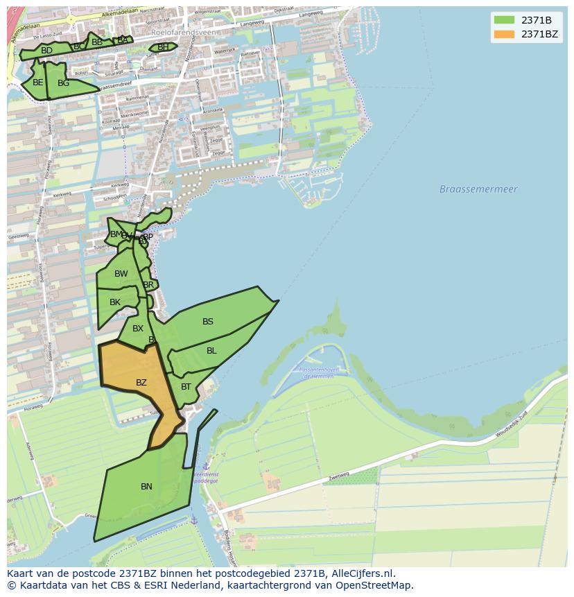 Afbeelding van het postcodegebied 2371 BZ op de kaart.