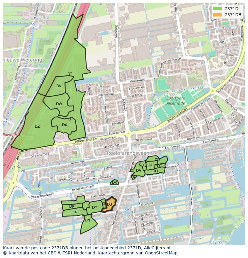Afbeelding van het postcodegebied 2371 DB op de kaart.