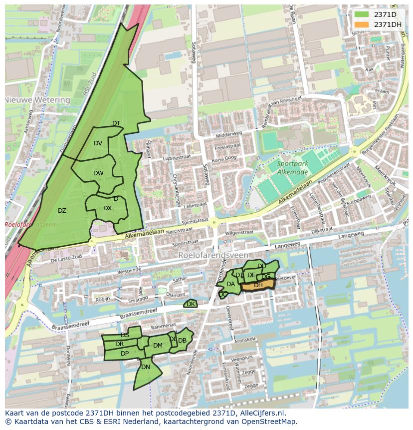 Afbeelding van het postcodegebied 2371 DH op de kaart.