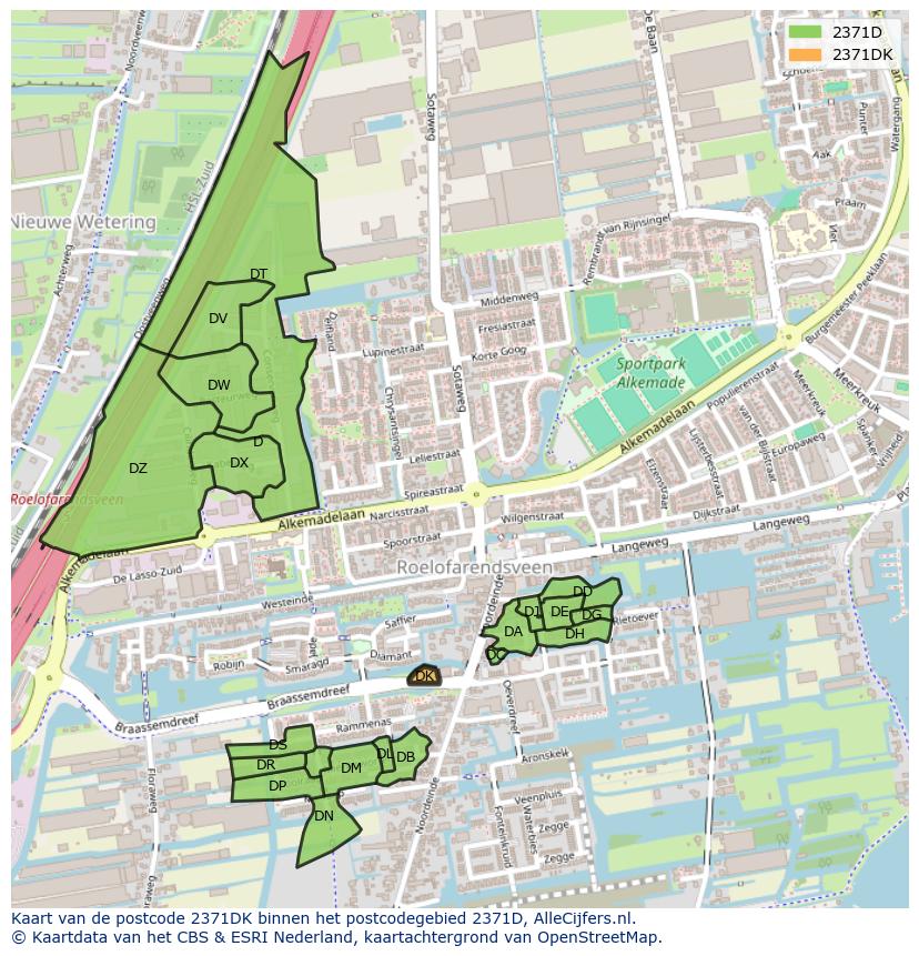 Afbeelding van het postcodegebied 2371 DK op de kaart.