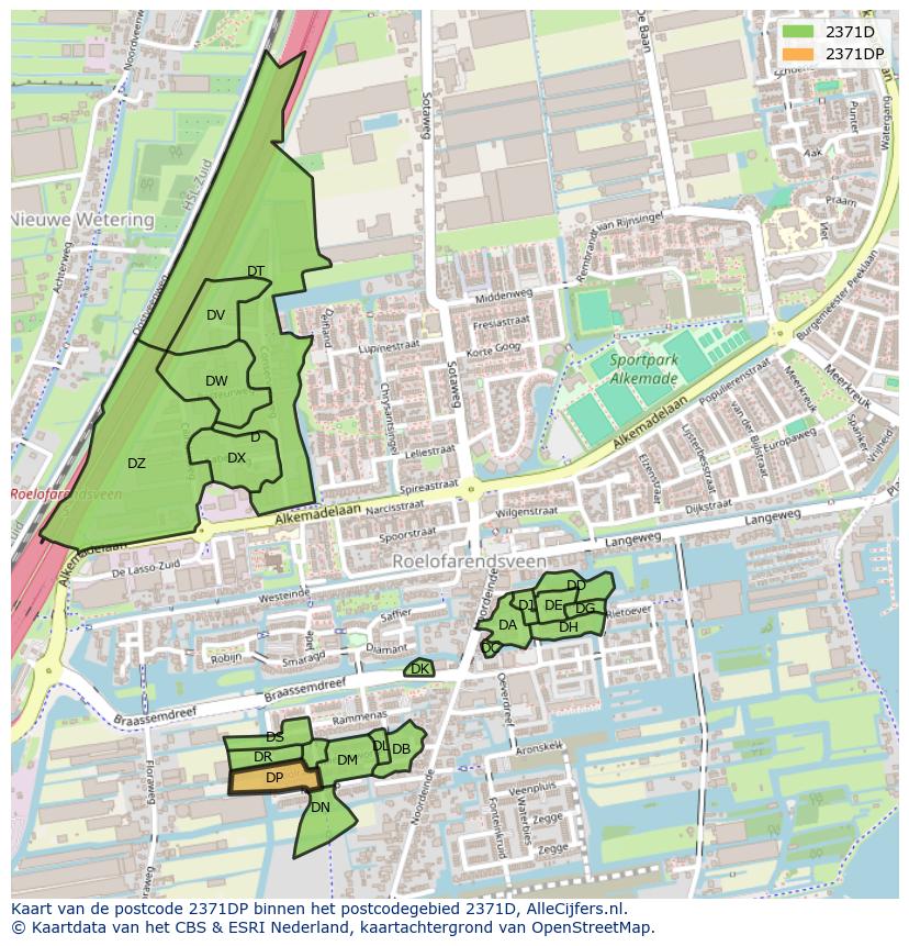 Afbeelding van het postcodegebied 2371 DP op de kaart.