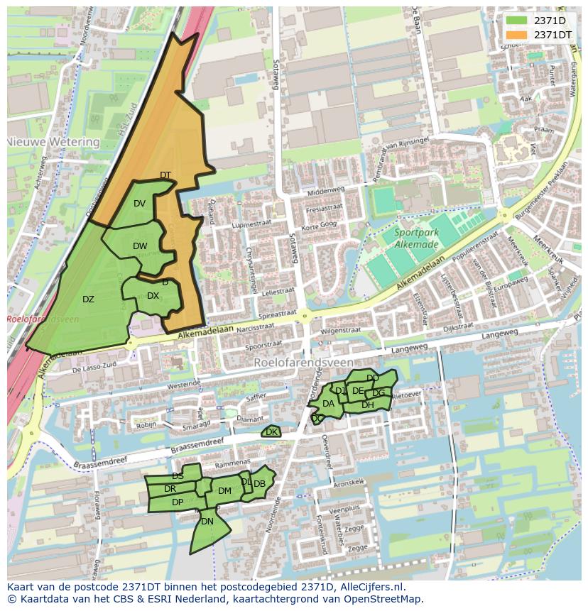 Afbeelding van het postcodegebied 2371 DT op de kaart.