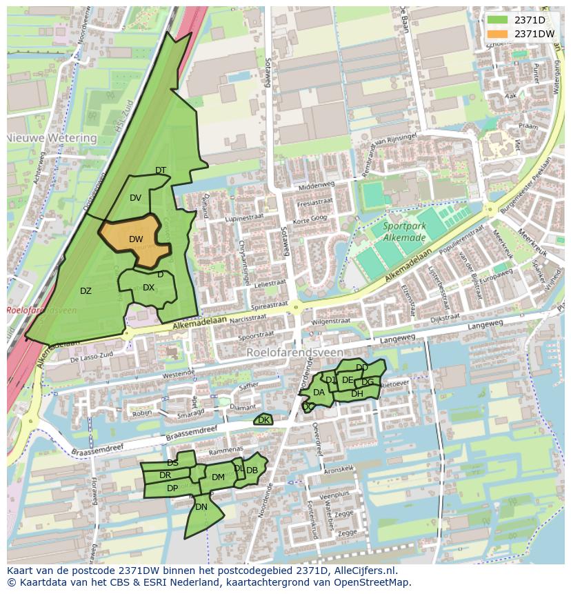 Afbeelding van het postcodegebied 2371 DW op de kaart.