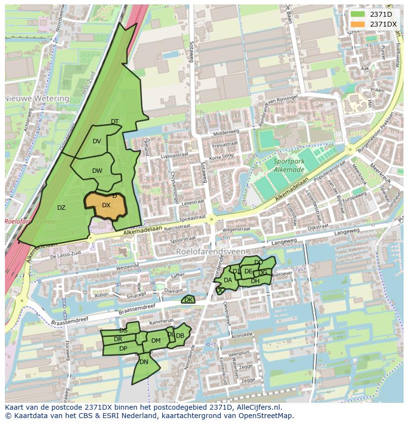 Afbeelding van het postcodegebied 2371 DX op de kaart.