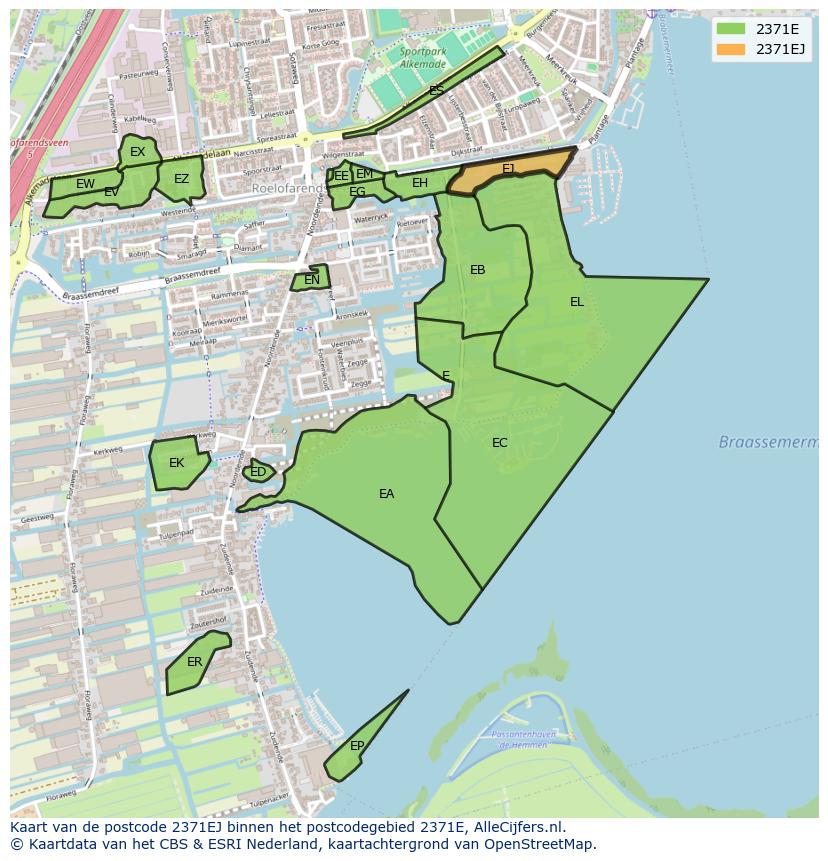 Afbeelding van het postcodegebied 2371 EJ op de kaart.