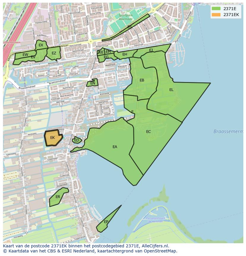 Afbeelding van het postcodegebied 2371 EK op de kaart.