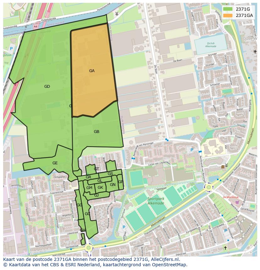 Afbeelding van het postcodegebied 2371 GA op de kaart.