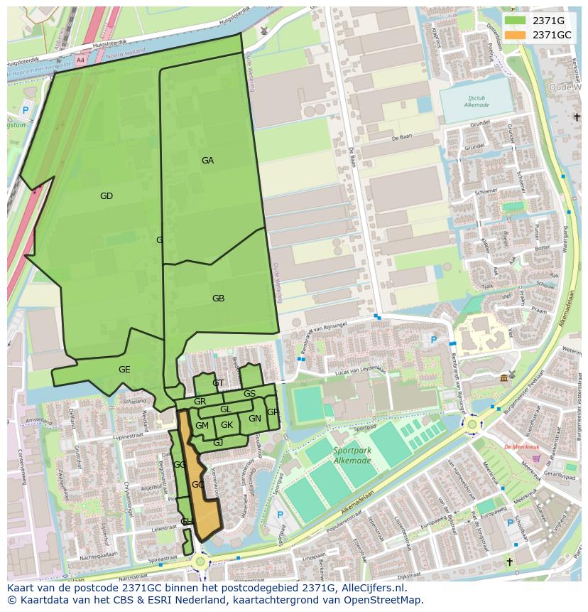Afbeelding van het postcodegebied 2371 GC op de kaart.