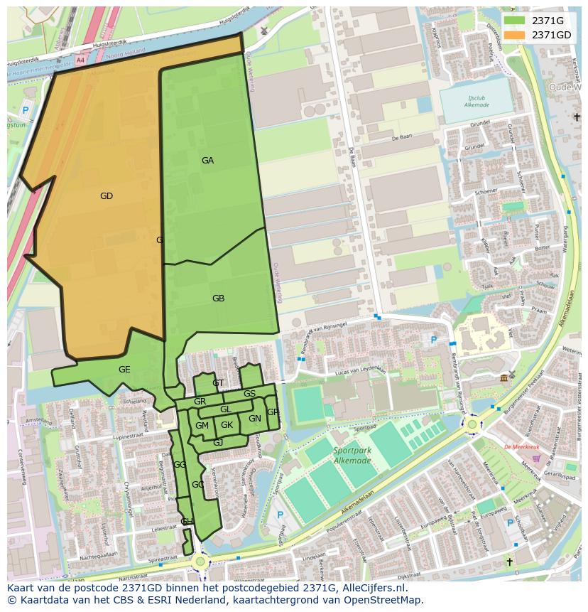 Afbeelding van het postcodegebied 2371 GD op de kaart.