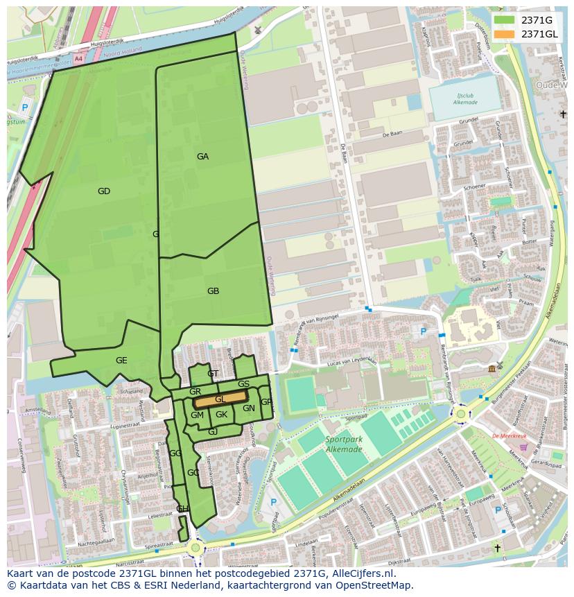 Afbeelding van het postcodegebied 2371 GL op de kaart.