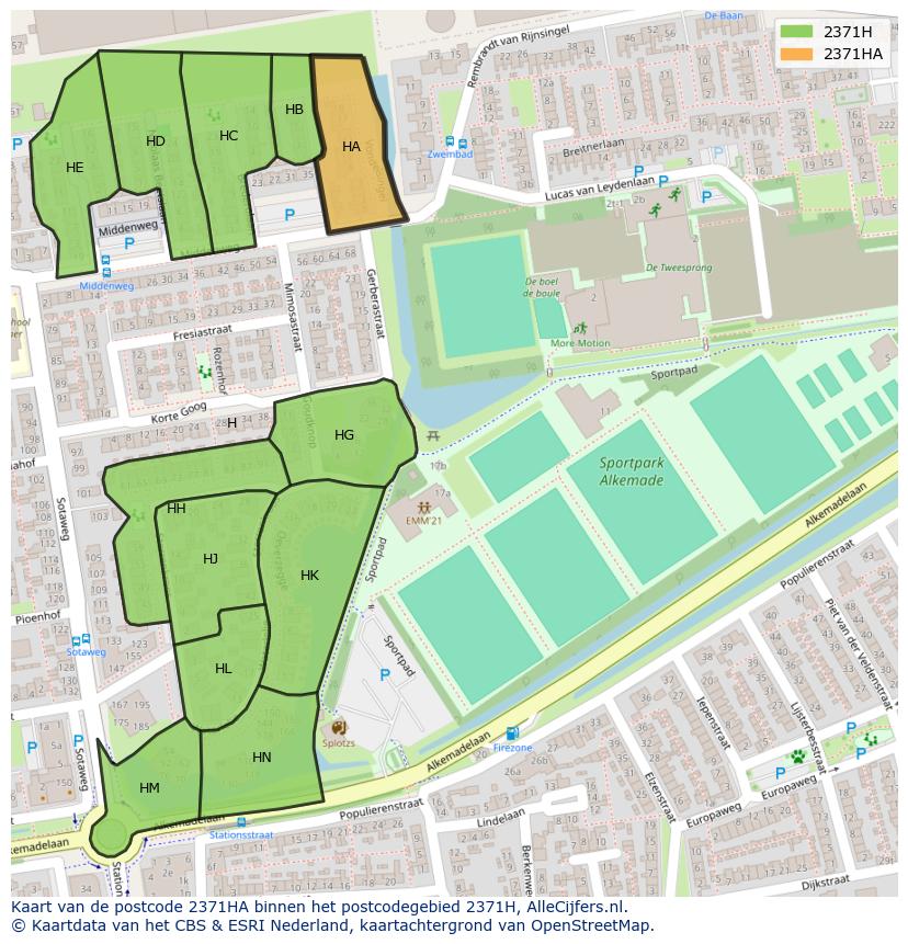 Afbeelding van het postcodegebied 2371 HA op de kaart.