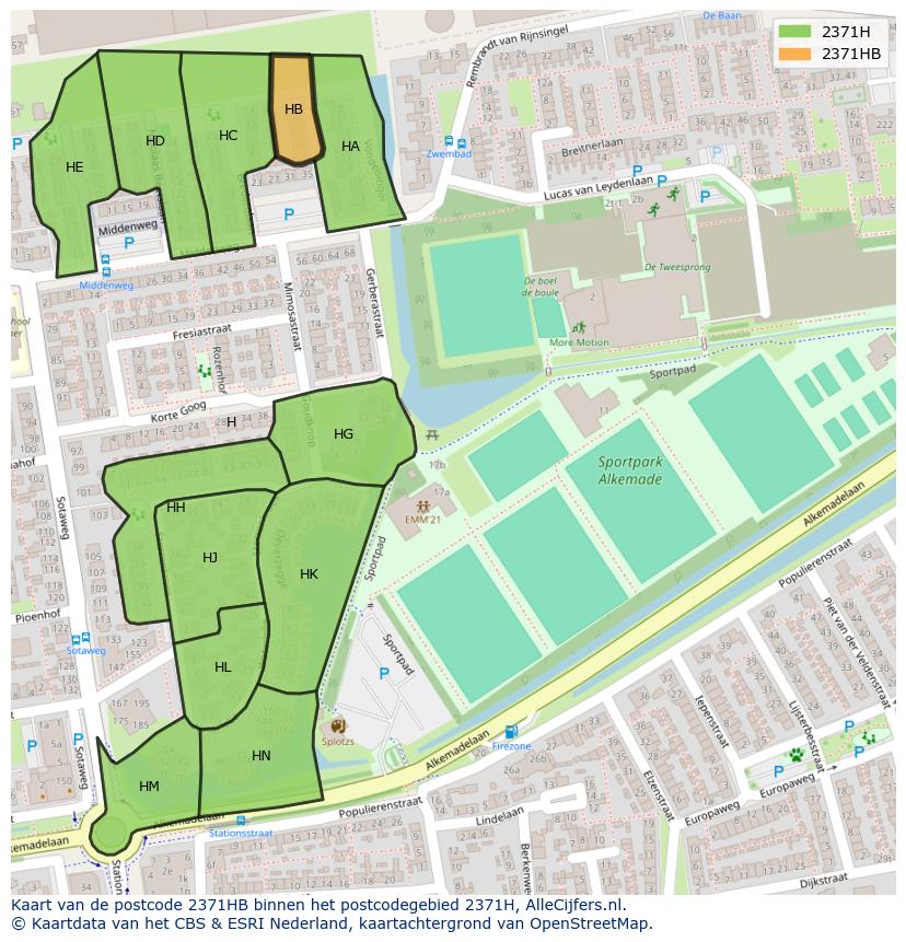 Afbeelding van het postcodegebied 2371 HB op de kaart.