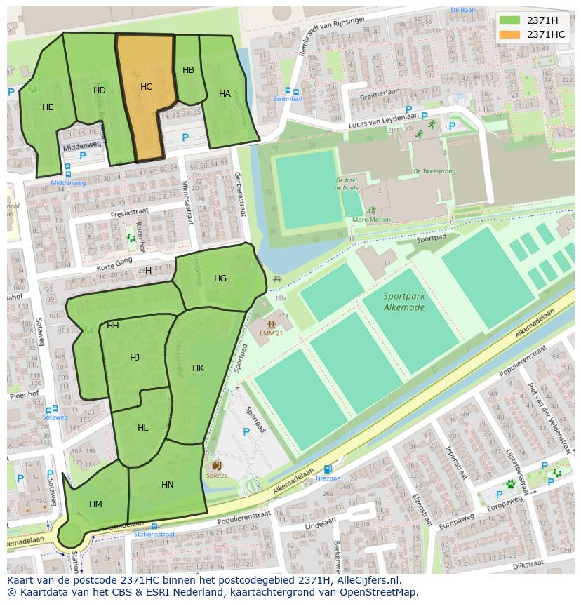 Afbeelding van het postcodegebied 2371 HC op de kaart.