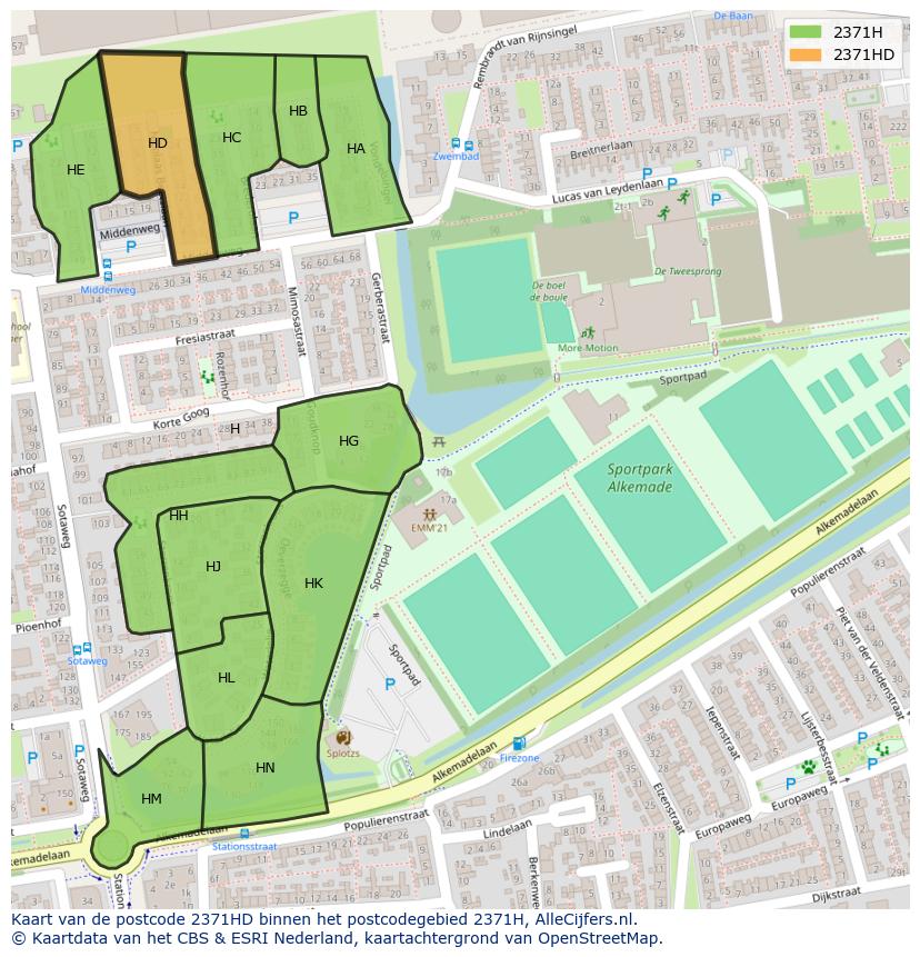 Afbeelding van het postcodegebied 2371 HD op de kaart.