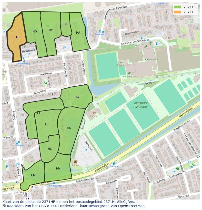 Afbeelding van het postcodegebied 2371 HE op de kaart.
