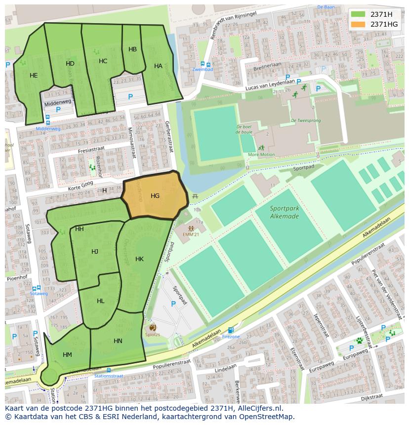 Afbeelding van het postcodegebied 2371 HG op de kaart.