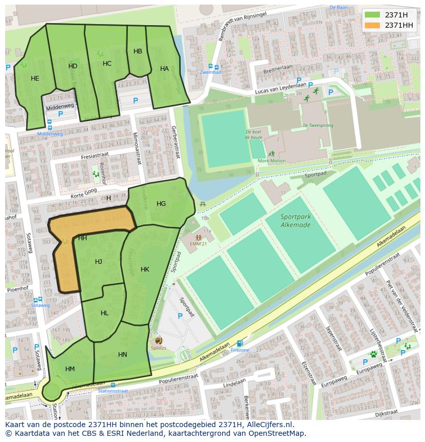 Afbeelding van het postcodegebied 2371 HH op de kaart.