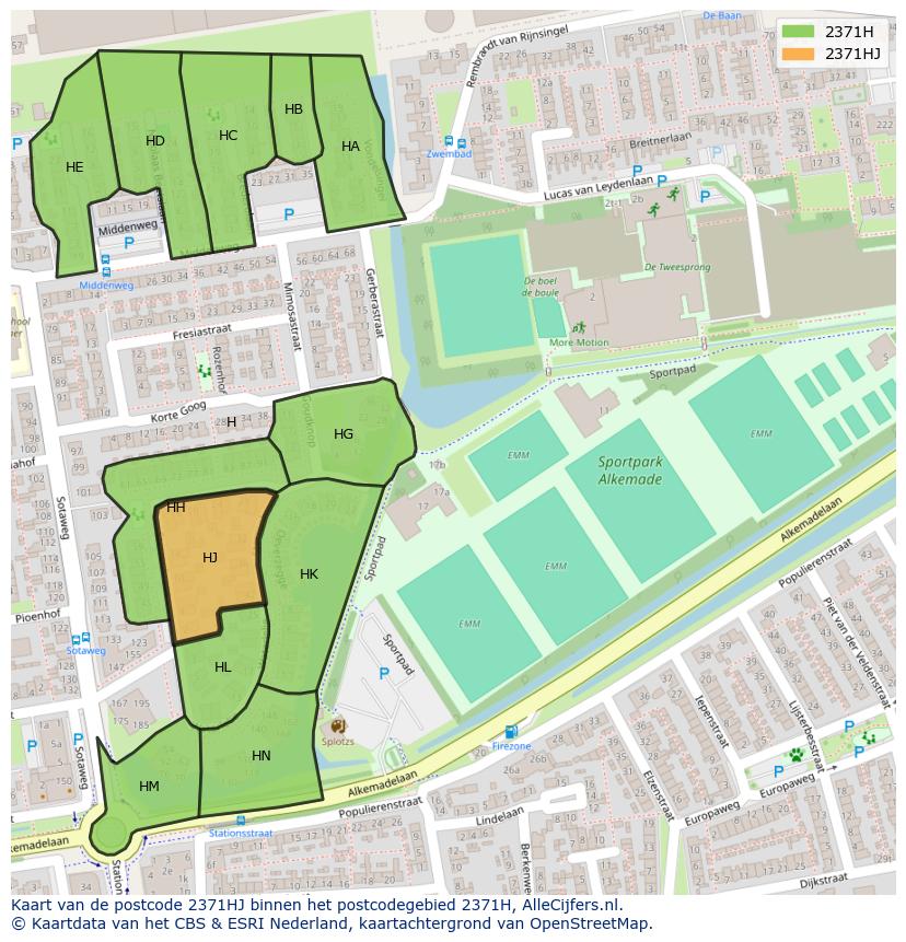 Afbeelding van het postcodegebied 2371 HJ op de kaart.
