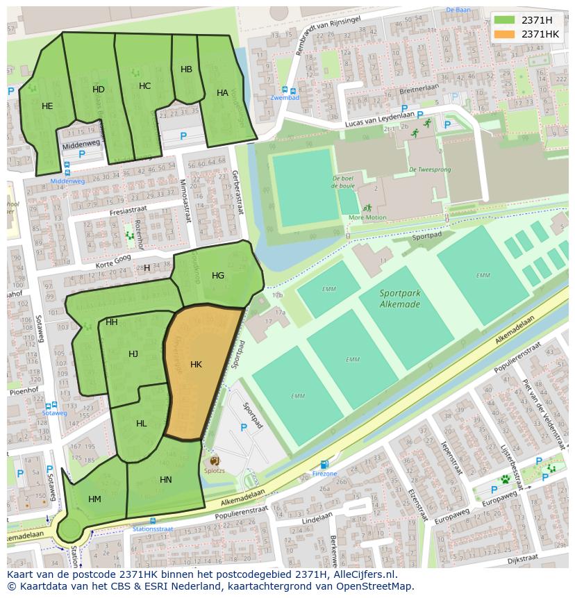 Afbeelding van het postcodegebied 2371 HK op de kaart.