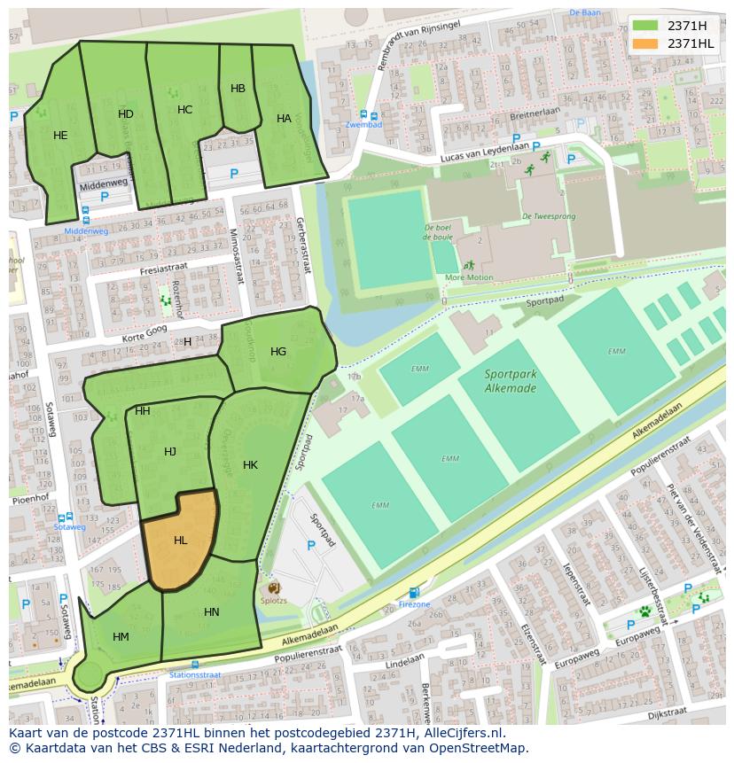 Afbeelding van het postcodegebied 2371 HL op de kaart.