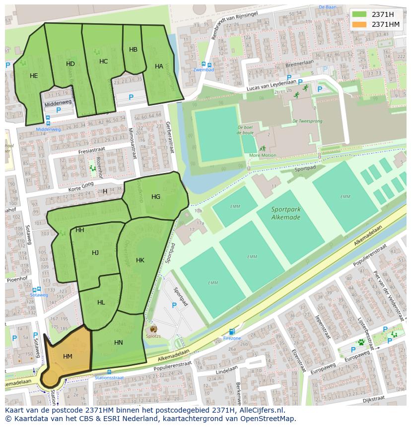 Afbeelding van het postcodegebied 2371 HM op de kaart.