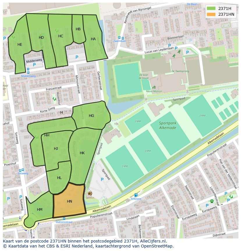 Afbeelding van het postcodegebied 2371 HN op de kaart.