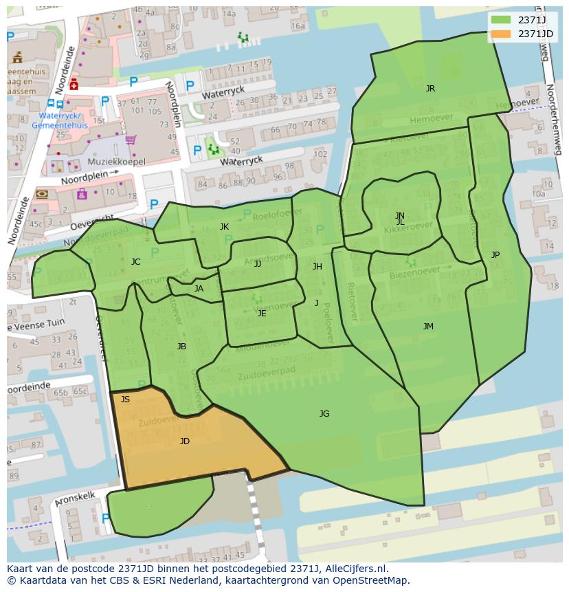 Afbeelding van het postcodegebied 2371 JD op de kaart.