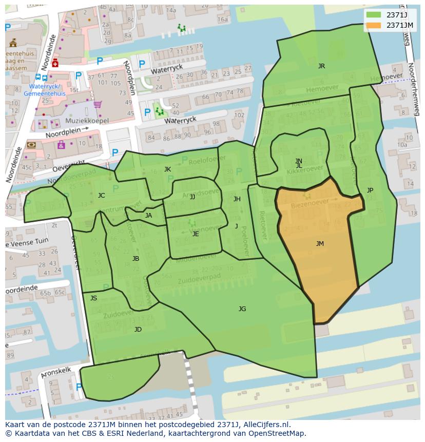 Afbeelding van het postcodegebied 2371 JM op de kaart.