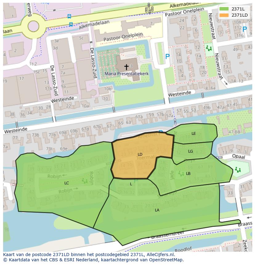 Afbeelding van het postcodegebied 2371 LD op de kaart.
