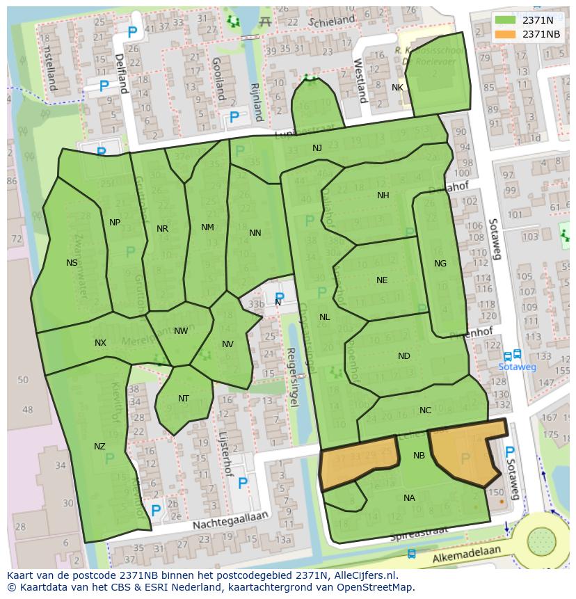 Afbeelding van het postcodegebied 2371 NB op de kaart.