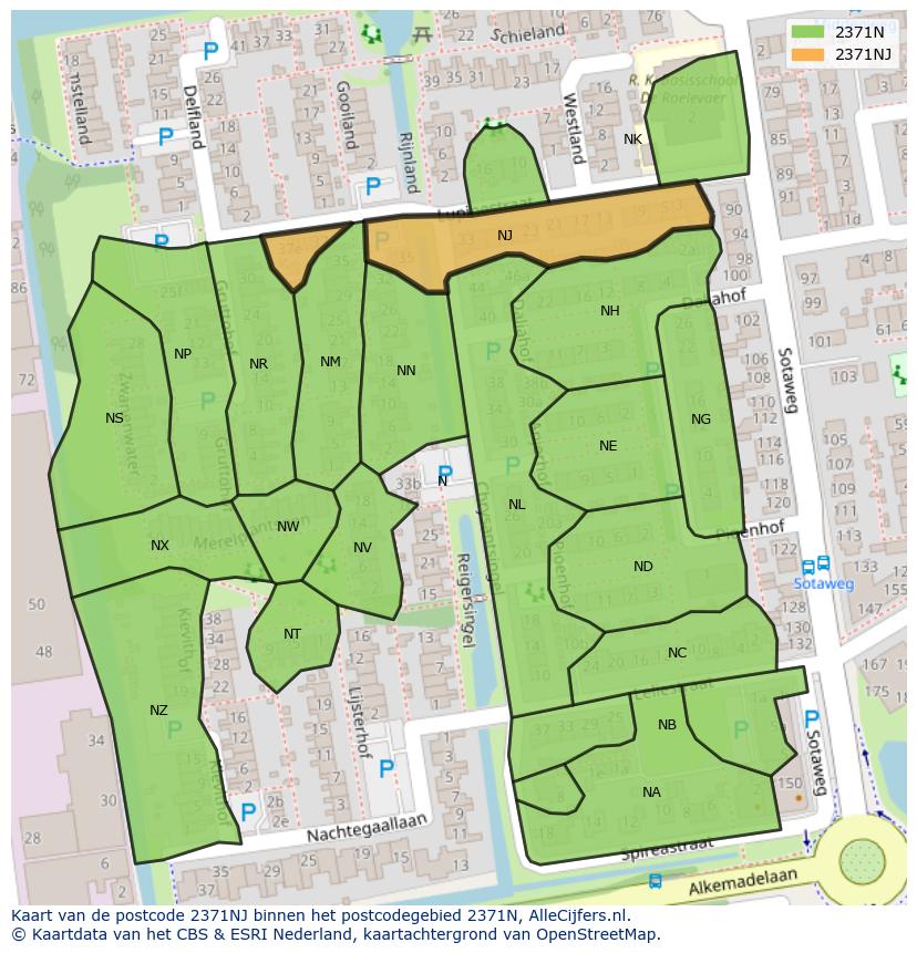 Afbeelding van het postcodegebied 2371 NJ op de kaart.