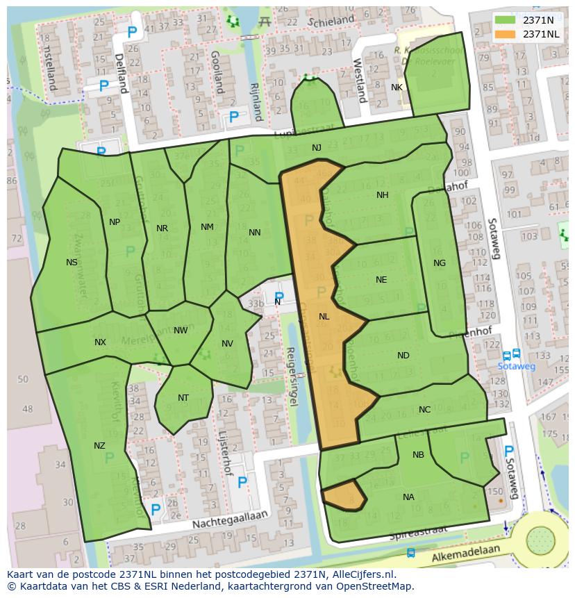 Afbeelding van het postcodegebied 2371 NL op de kaart.