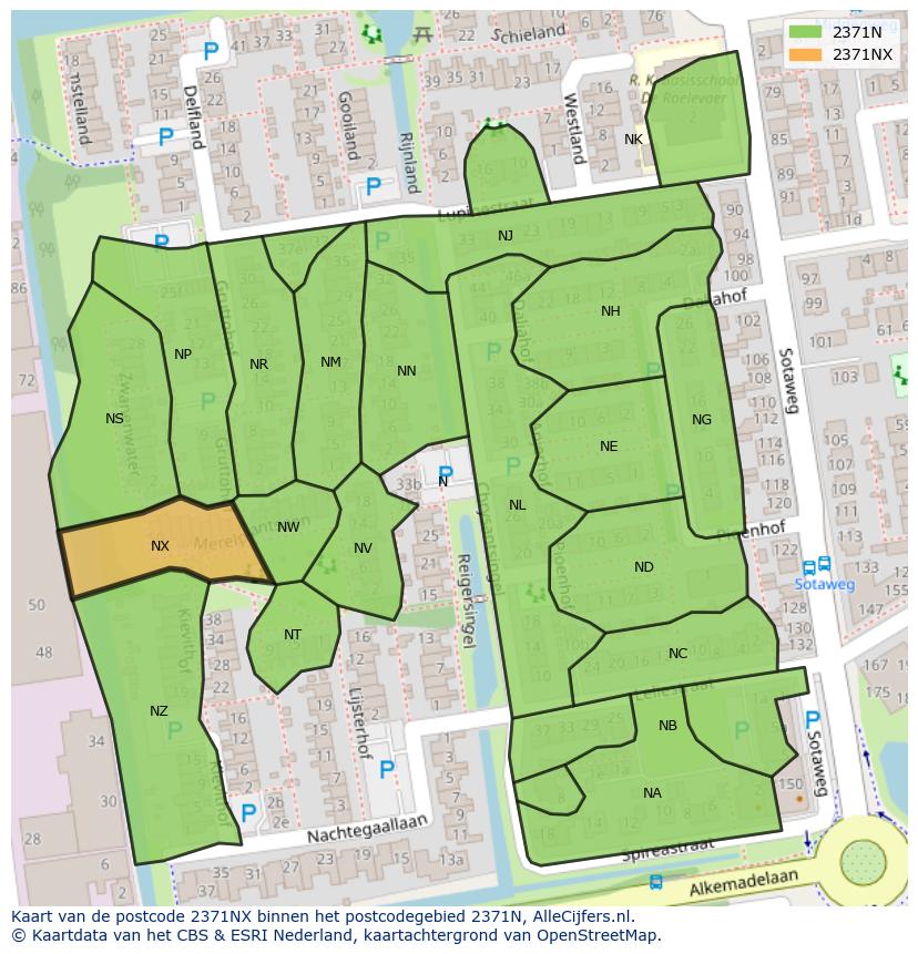 Afbeelding van het postcodegebied 2371 NX op de kaart.
