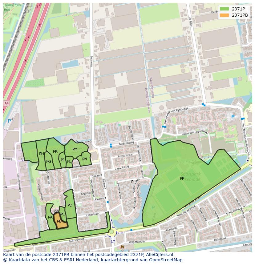 Afbeelding van het postcodegebied 2371 PB op de kaart.