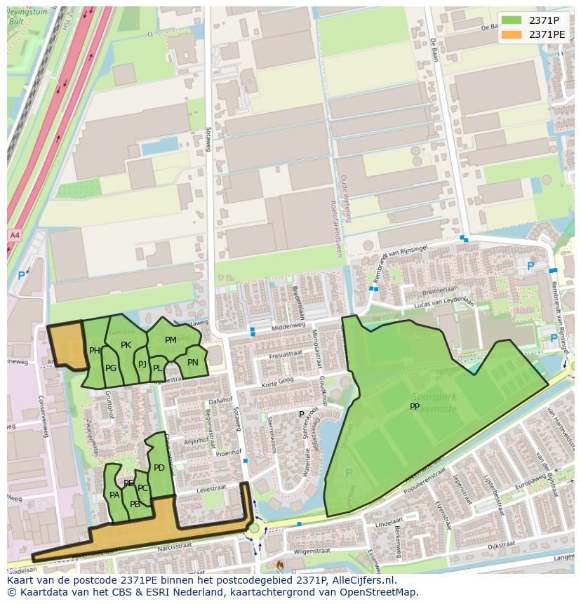 Afbeelding van het postcodegebied 2371 PE op de kaart.