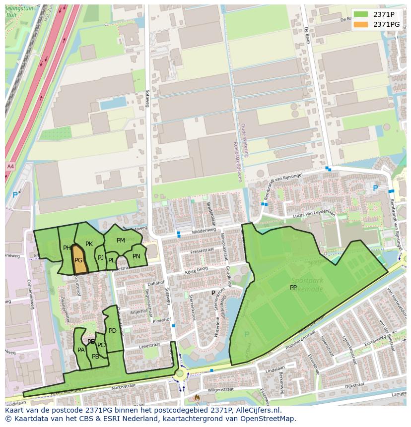 Afbeelding van het postcodegebied 2371 PG op de kaart.