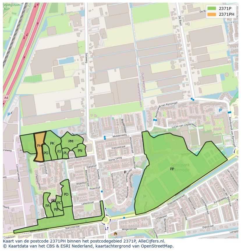 Afbeelding van het postcodegebied 2371 PH op de kaart.