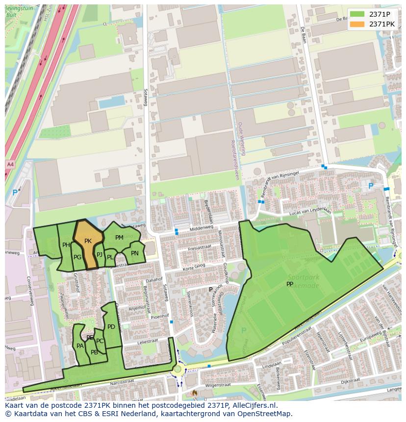 Afbeelding van het postcodegebied 2371 PK op de kaart.