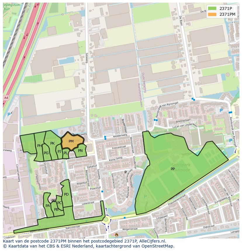 Afbeelding van het postcodegebied 2371 PM op de kaart.