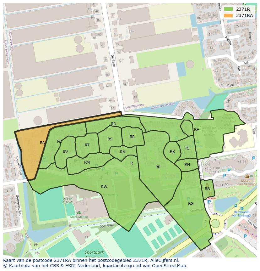 Afbeelding van het postcodegebied 2371 RA op de kaart.