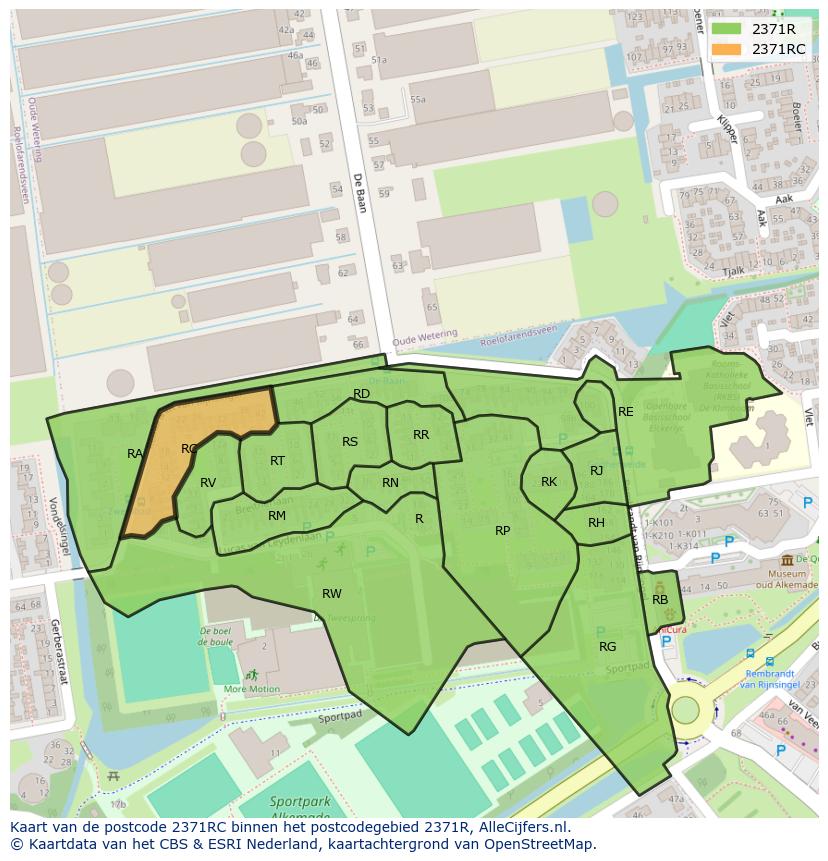 Afbeelding van het postcodegebied 2371 RC op de kaart.