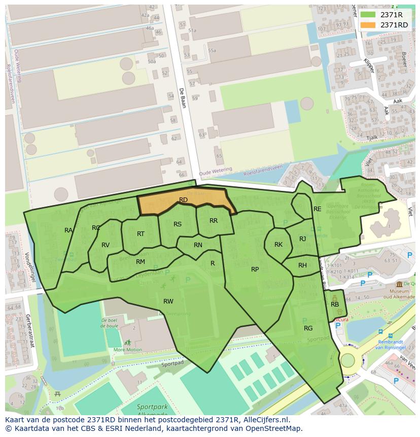 Afbeelding van het postcodegebied 2371 RD op de kaart.