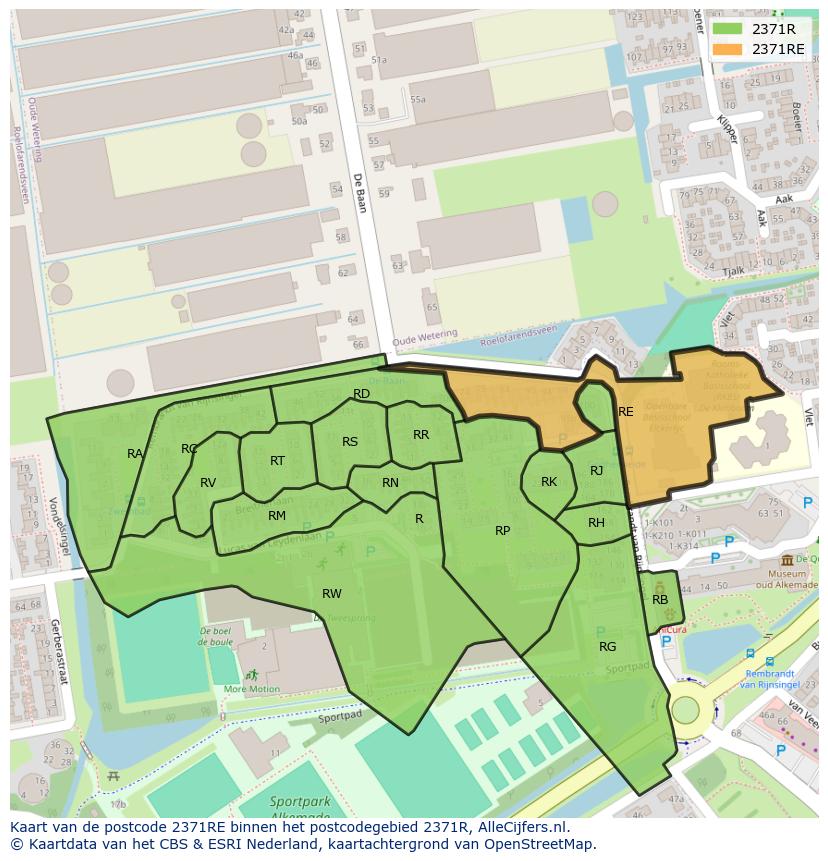 Afbeelding van het postcodegebied 2371 RE op de kaart.