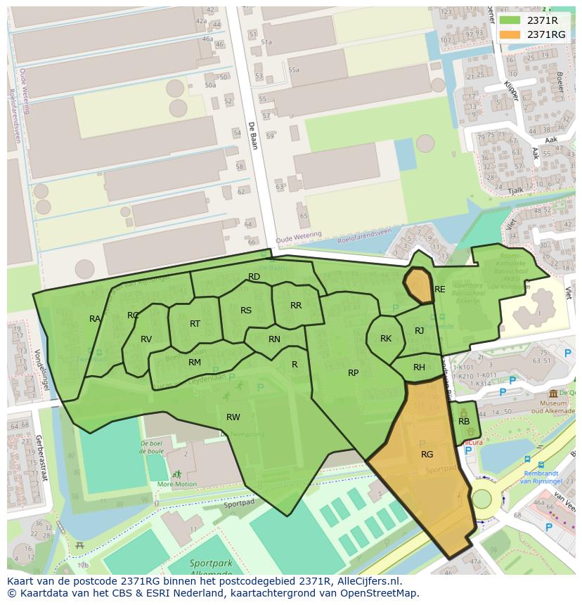 Afbeelding van het postcodegebied 2371 RG op de kaart.