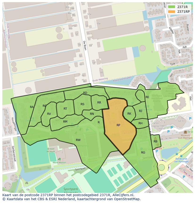 Afbeelding van het postcodegebied 2371 RP op de kaart.